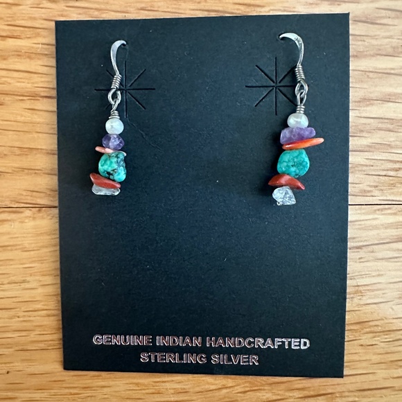 Native American Handcrafted Earrings Sterling Silver Turquoise Coral - Picture 1 of 6